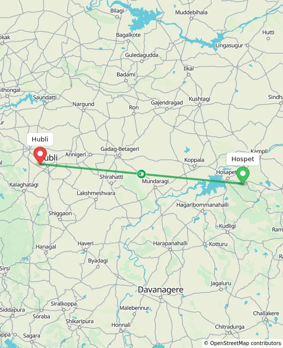 Route map showing distance and travel time from Hospet, India to Hubli, India