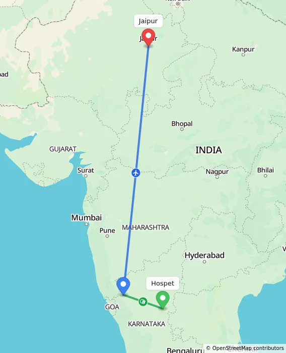 Route map showing distance and travel time from Hospet, India to Jaipur, India