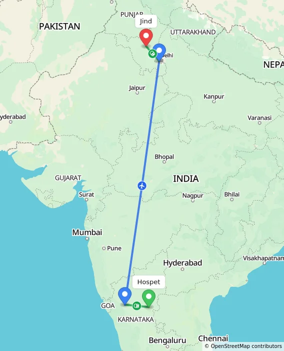 Route map showing distance and travel time from Hospet, India to Jind, India