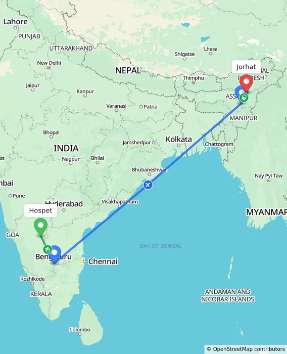 Route map showing distance and travel time from Hospet, India to Jorhat, India