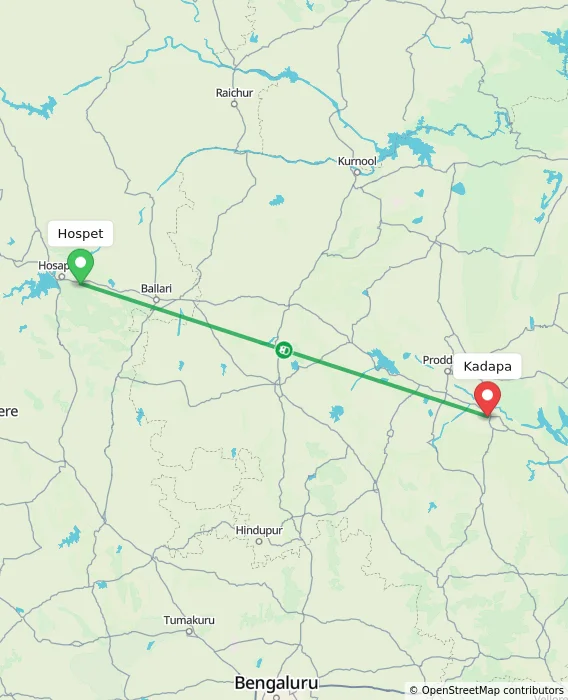 Route map showing distance and travel time from Hospet, India to Kadapa, India