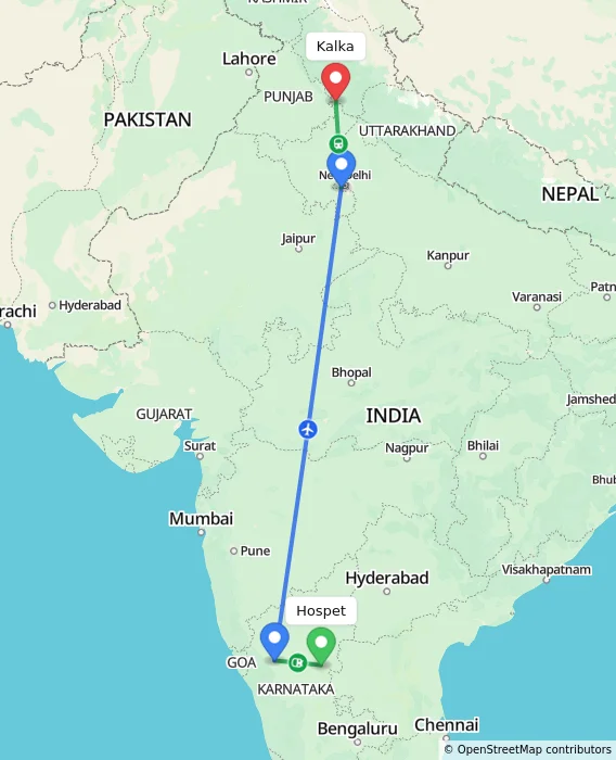 Route map showing distance and travel time from Hospet, India to Kalka, India