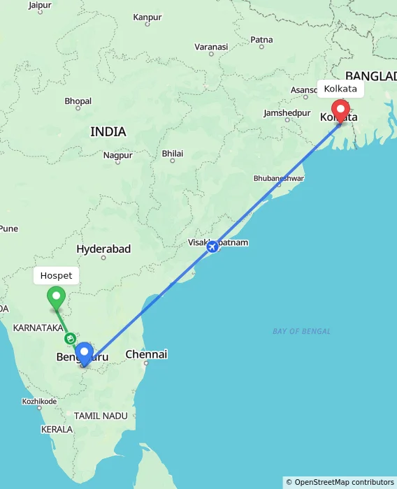 Route map showing distance and travel time from Hospet, India to Kolkata, India