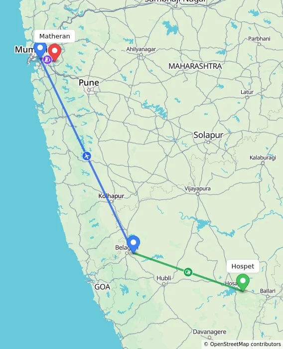 Route map showing distance and travel time from Hospet, India to Matheran, India