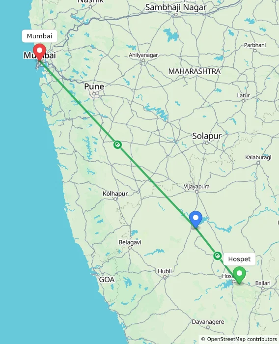 Route map showing distance and travel time from Hospet, India to Mumbai, India