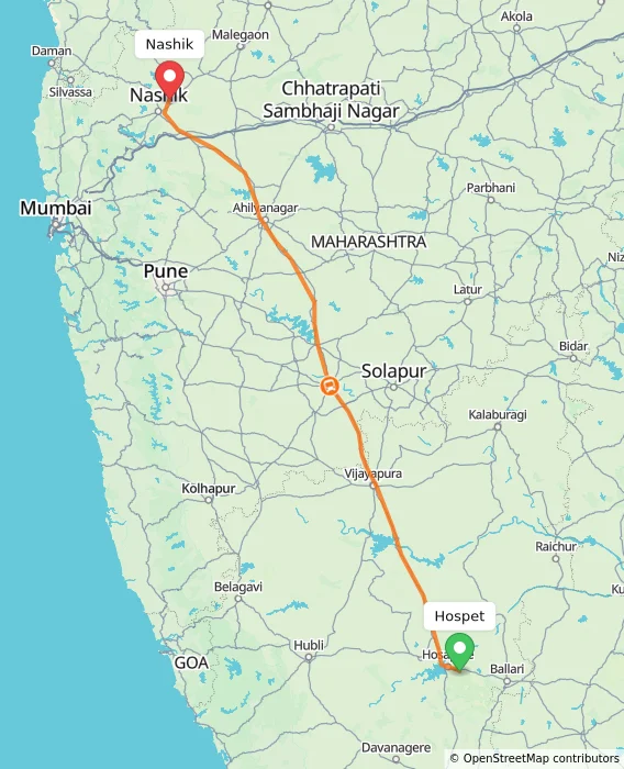 Route map showing distance and travel time from Hospet, India to Nashik, India