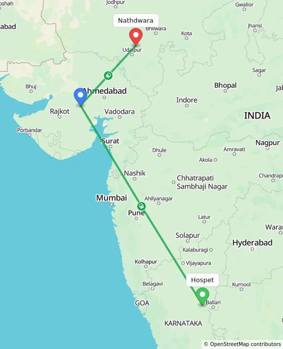 Route map showing distance and travel time from Hospet, India to Nathdwara, India
