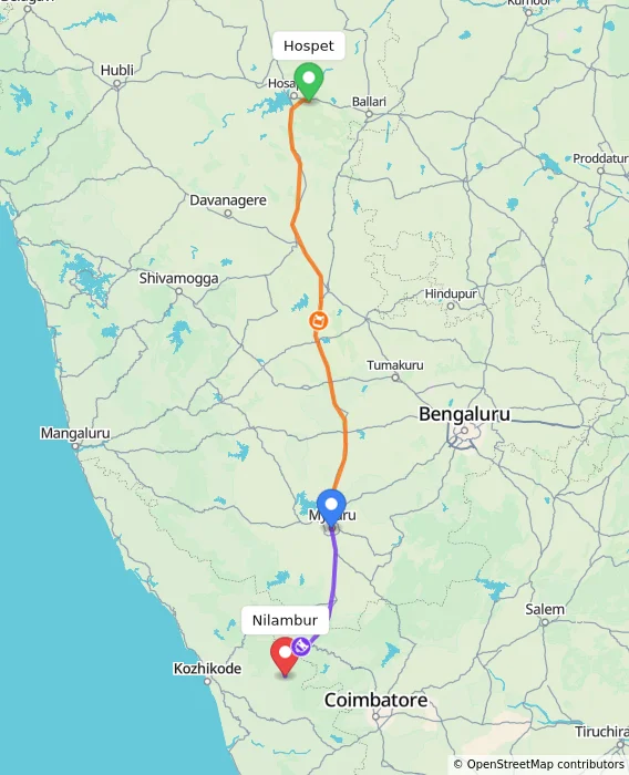 Route map showing distance and travel time from Hospet, India to Nilambur, India