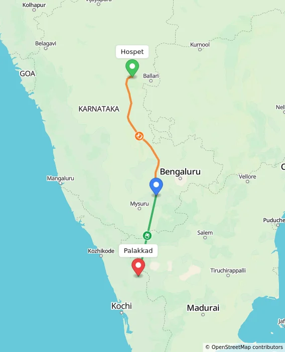 Route map showing distance and travel time from Hospet, India to Palakkad, India