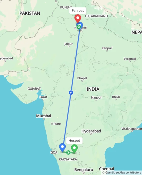 Route map showing distance and travel time from Hospet, India to Panipat, India