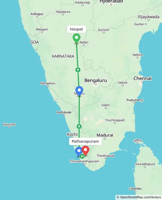 Route map showing distance and travel time from Hospet, India to Pathanapuram, India
