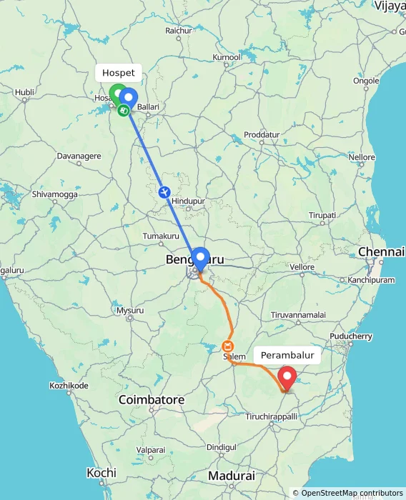 Route map showing distance and travel time from Hospet, India to Perambalur, India