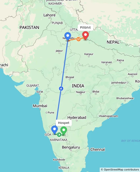 Route map showing distance and travel time from Hospet, India to Pilibhit, India