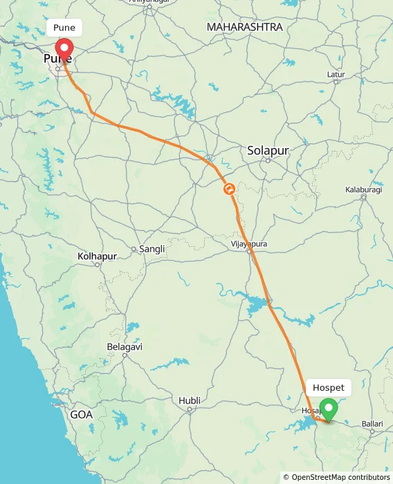 Route map showing distance and travel time from Hospet, India to Pune, India