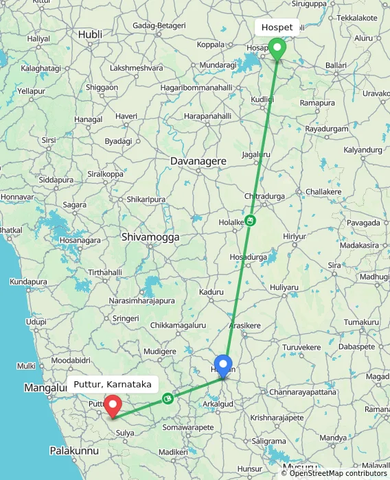 Route map showing distance and travel time from Hospet, India to Puttur, Karnataka, India