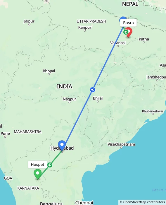 Route map showing distance and travel time from Hospet, India to Rasra, India