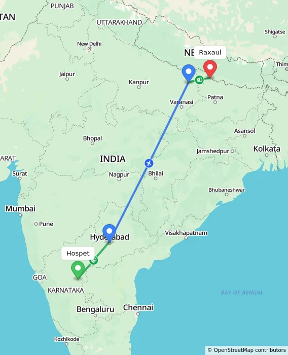 Route map showing distance and travel time from Hospet, India to Raxaul, India