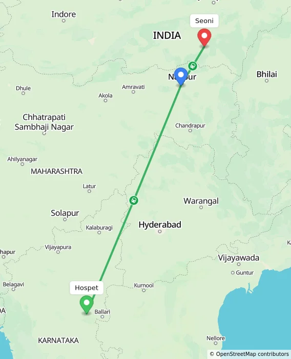 Route map showing distance and travel time from Hospet, India to Seoni, India