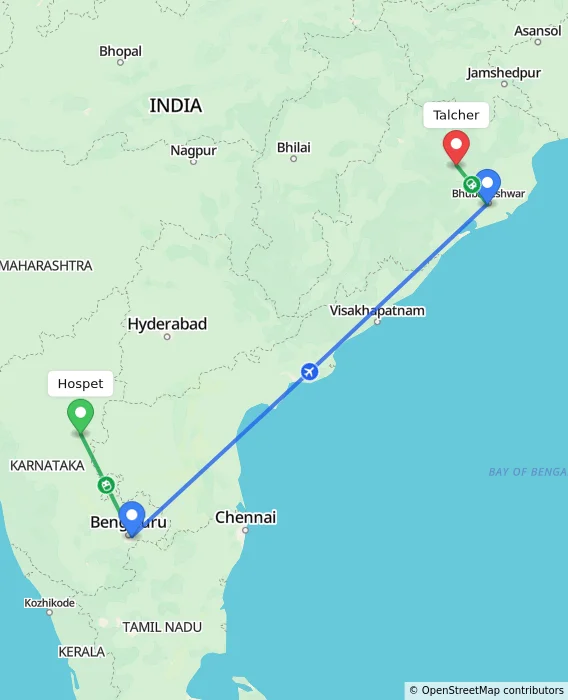Route map showing distance and travel time from Hospet, India to Talcher, India