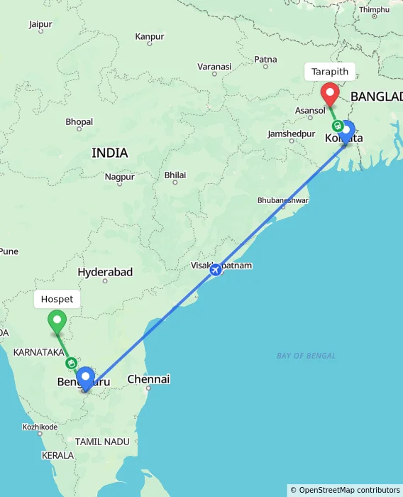 Route map showing distance and travel time from Hospet, India to Tarapith, India