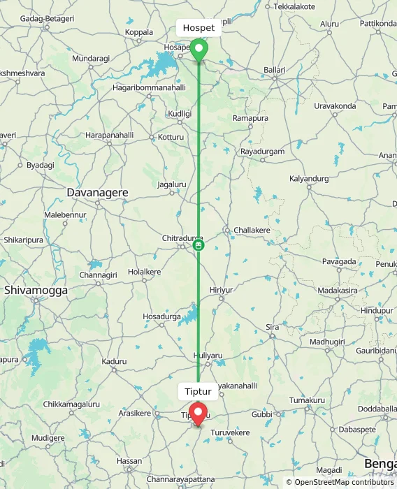 Route map showing distance and travel time from Hospet, India to Tiptur, India