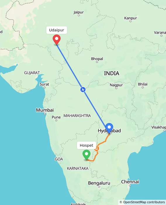 Route map showing distance and travel time from Hospet, India to Udaipur, India