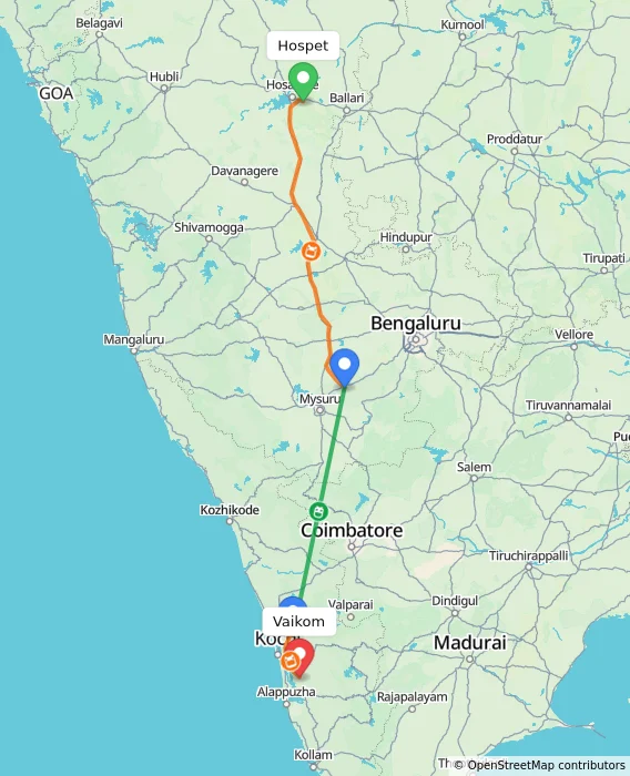 Route map showing distance and travel time from Hospet, India to Vaikom, India