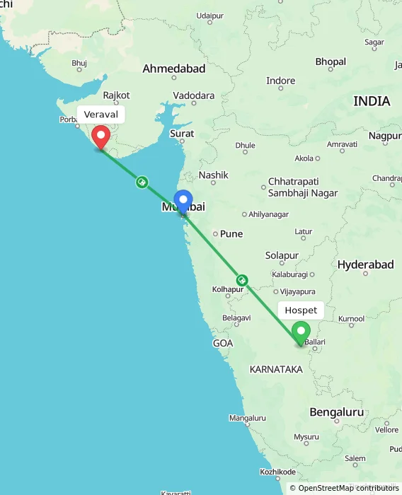 Route map showing distance and travel time from Hospet, India to Veraval, India