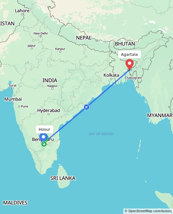 Route map showing distance and travel time from Hosur, India to Agartala, India