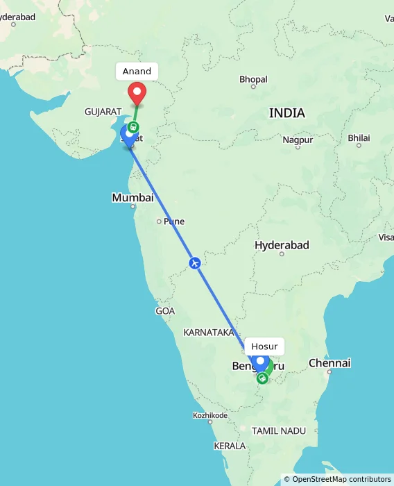 Route map showing distance and travel time from Hosur, India to Anand, India