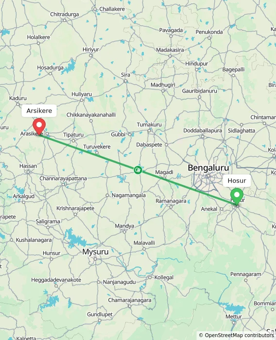 Route map showing distance and travel time from Hosur, India to Arsikere, India