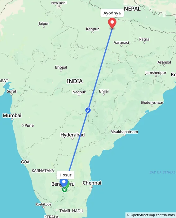 Route map showing distance and travel time from Hosur, India to Ayodhya, India