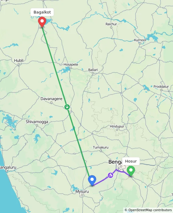 Route map showing distance and travel time from Hosur, India to Bagalkot, India