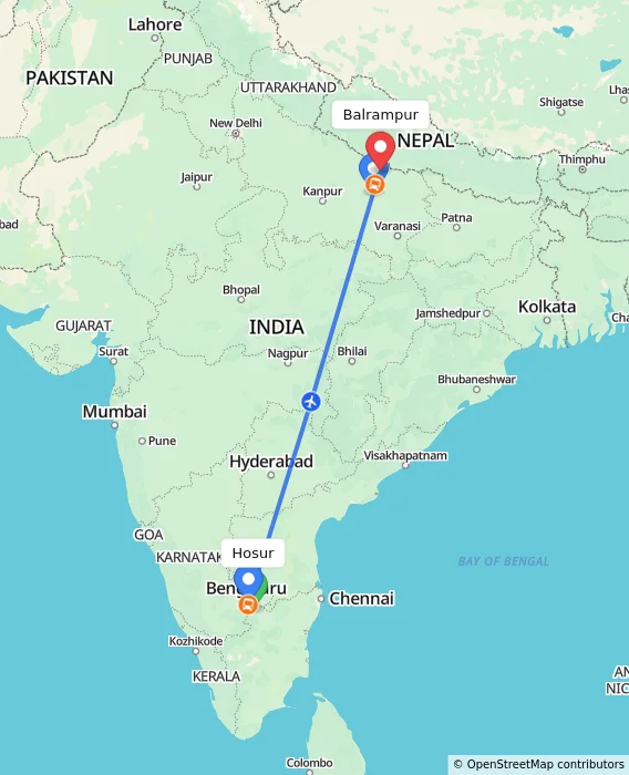 Route map showing distance and travel time from Hosur, India to Balrampur, India