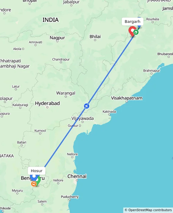 Route map showing distance and travel time from Hosur, India to Bargarh, India