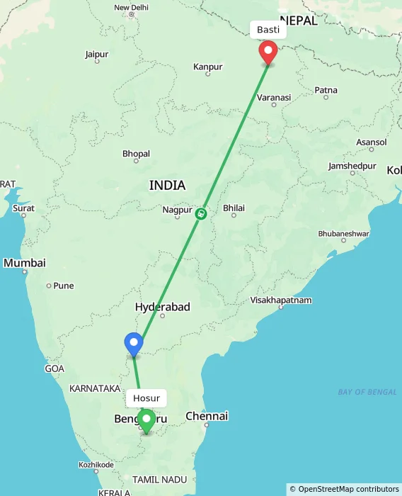 Route map showing distance and travel time from Hosur, India to Basti, India