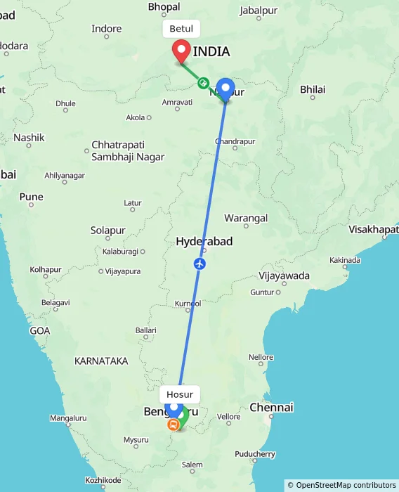 Route map showing distance and travel time from Hosur, India to Betul, India