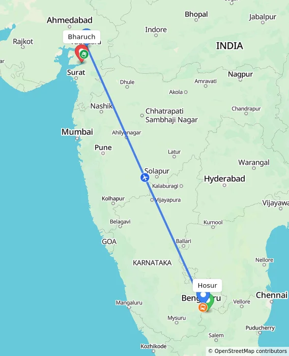 Route map showing distance and travel time from Hosur, India to Bharuch, India