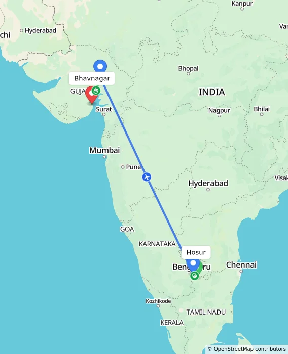 Route map showing distance and travel time from Hosur, India to Bhavnagar, India
