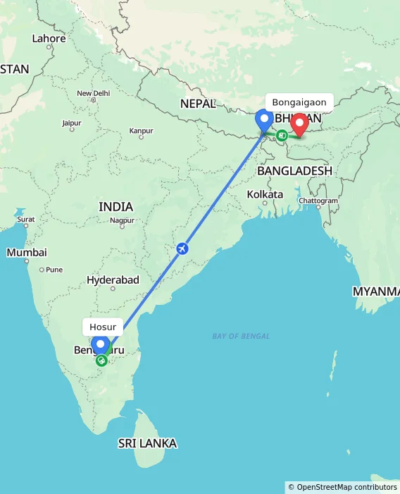 Route map showing distance and travel time from Hosur, India to Bongaigaon, India