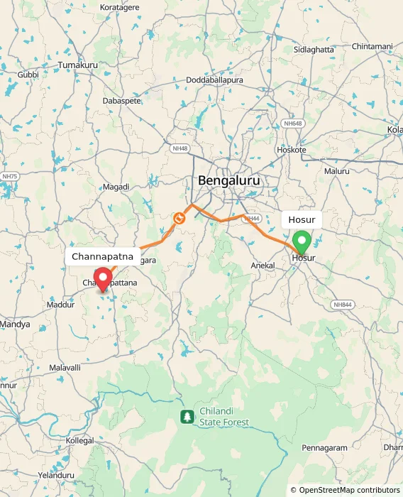 Route map showing distance and travel time from Hosur, India to Channapatna, India