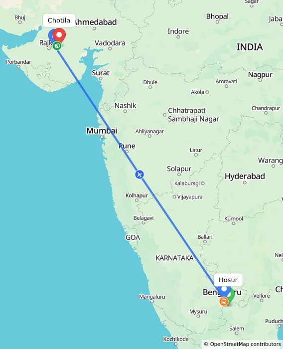 Route map showing distance and travel time from Hosur, India to Chotila, India