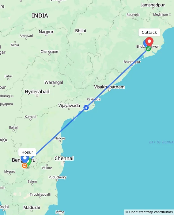 Route map showing distance and travel time from Hosur, India to Cuttack, India