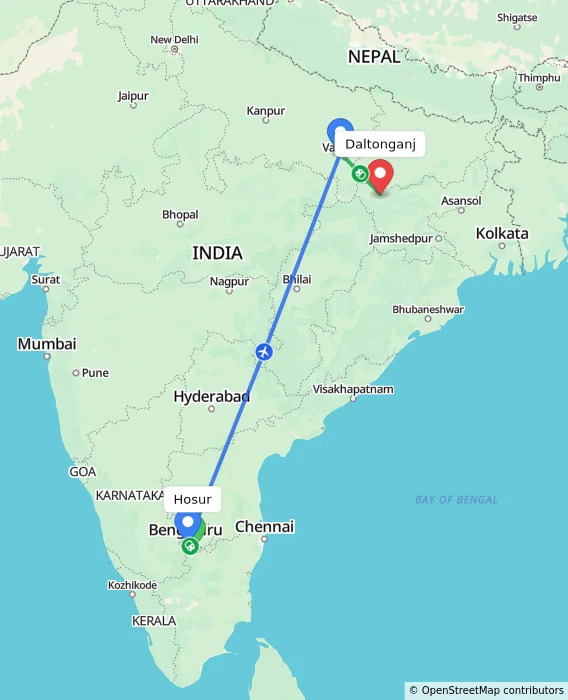 Route map showing distance and travel time from Hosur, India to Daltonganj, India