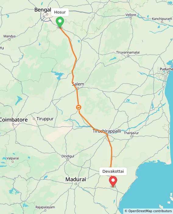 Route map showing distance and travel time from Hosur, India to Devakottai, India