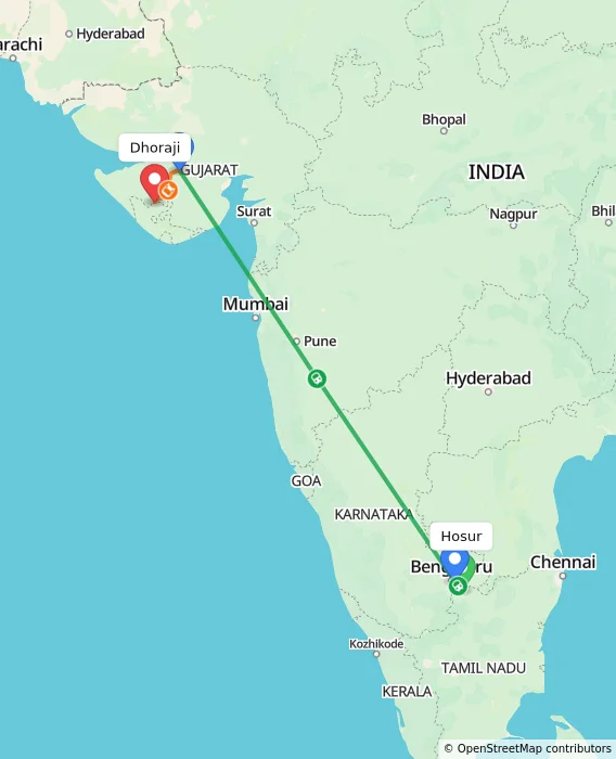 Route map showing distance and travel time from Hosur, India to Dhoraji, India