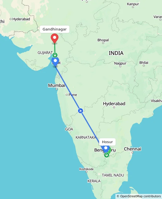 Route map showing distance and travel time from Hosur, India to Gandhinagar, India