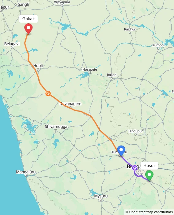 Route map showing distance and travel time from Hosur, India to Gokak, India