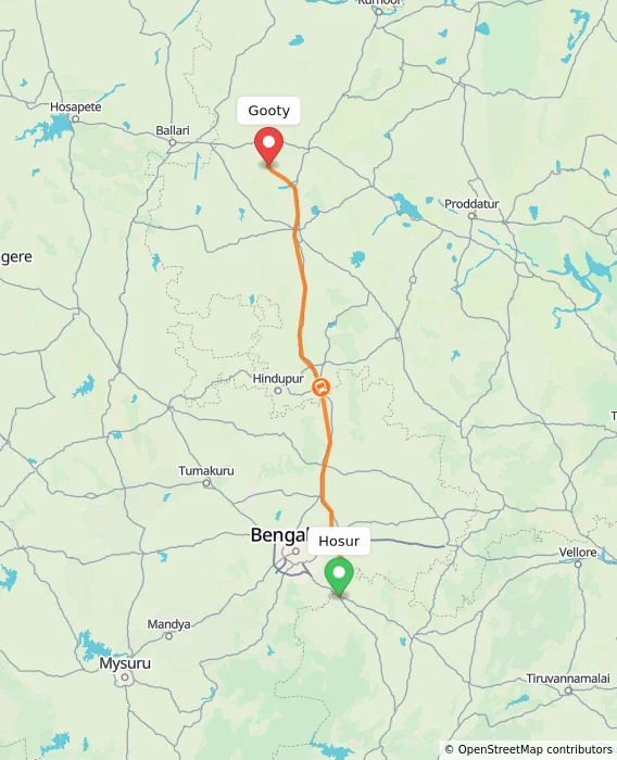 Route map showing distance and travel time from Hosur, India to Gooty, India