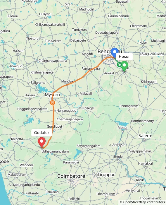 Route map showing distance and travel time from Hosur, India to Gudalur, India